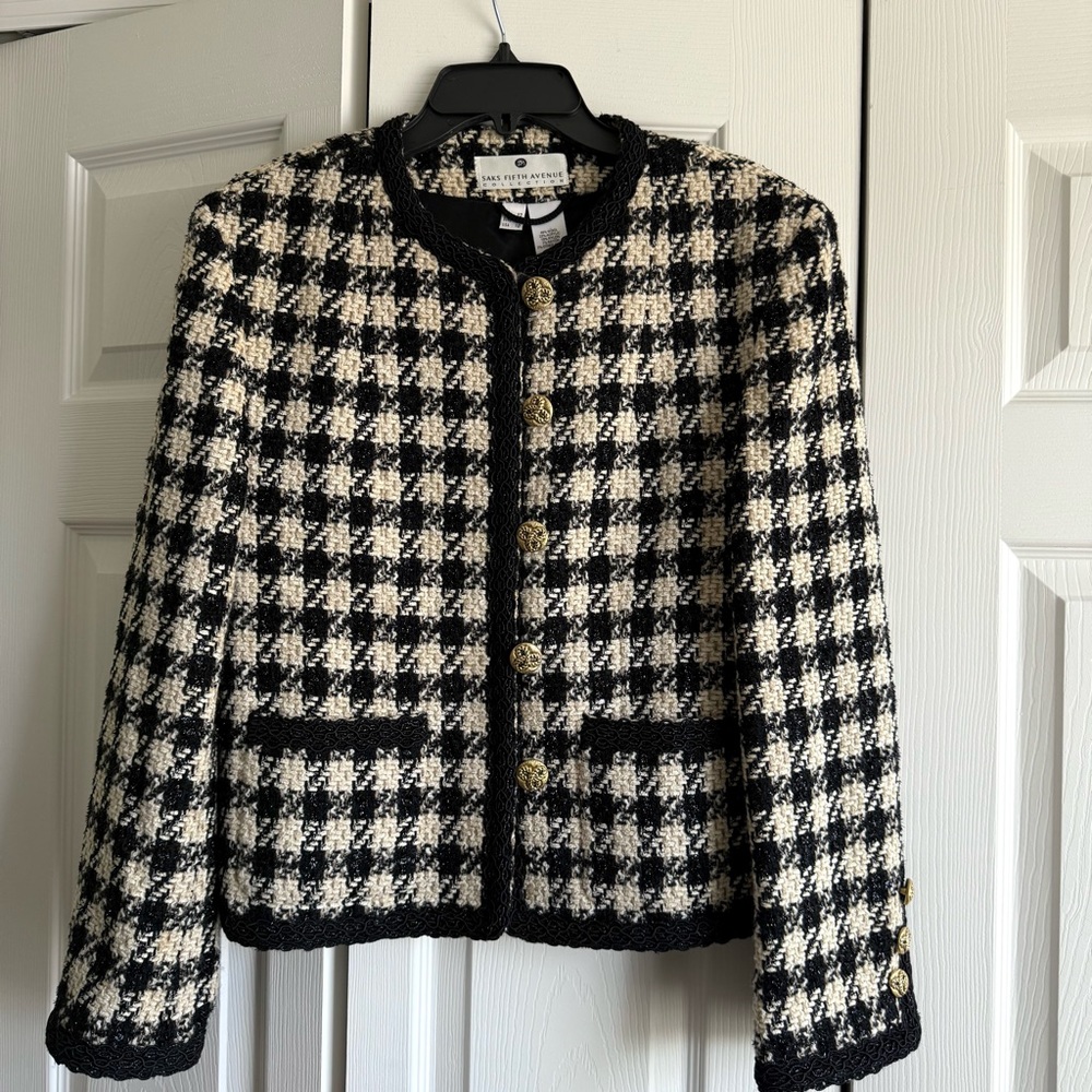 Saks Fifth Avenue Collection Houndstooth Check Tweed Jacket Blazer Wool Blend